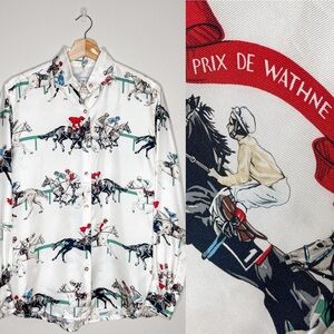 Wathne | Vintage Equestrian Horse & Jockey Print Silk Button Down